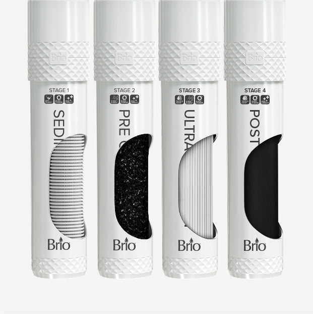 Four white cylindrical water filter cartridges labeled Stage 1 Sediment, Stage 2 Pre-Carbon, Stage 3 Ultra, and Stage 4 Post-Carbon, each displaying different filter materials through a cut-out window.